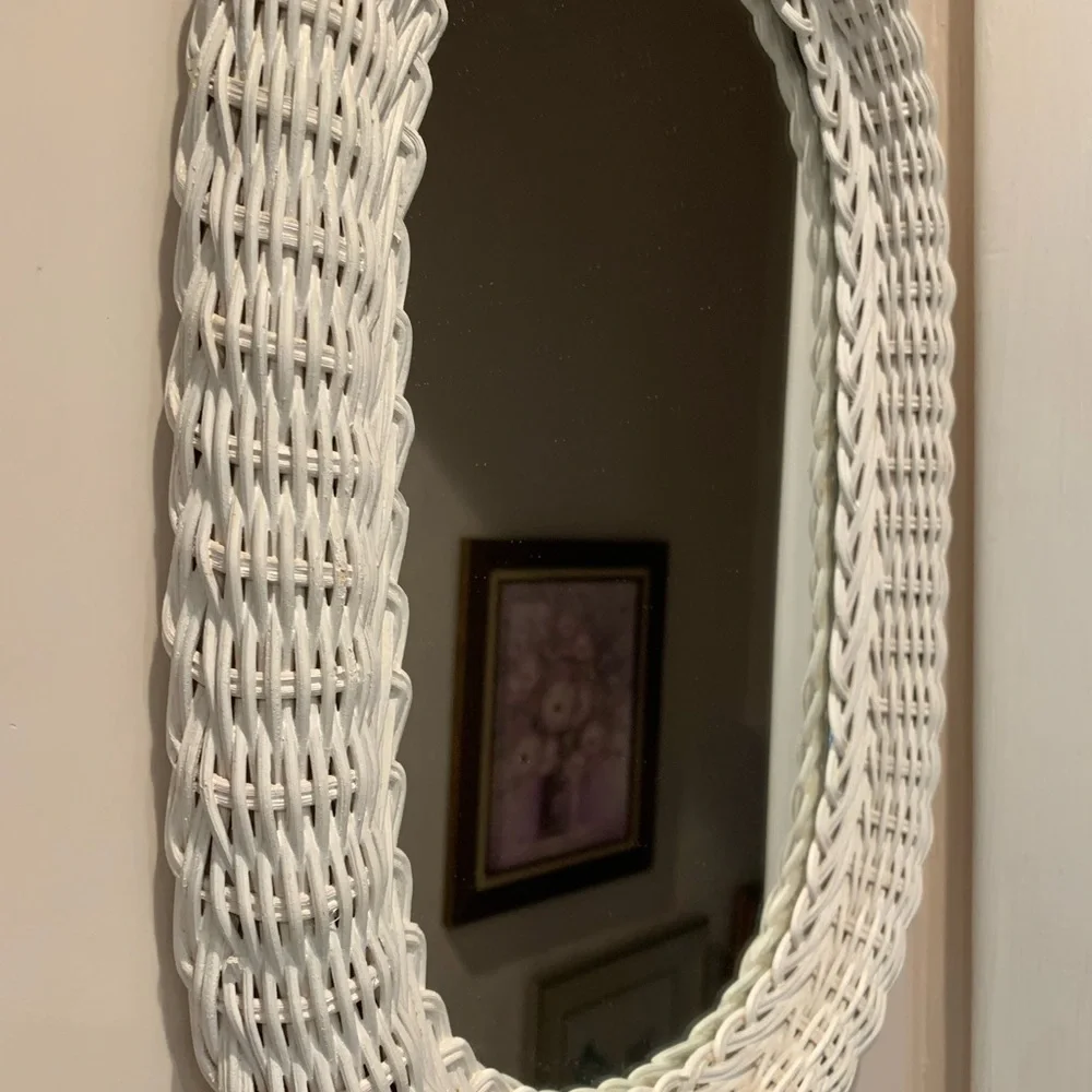 Vintage White Wicker Oval Mirror Wall Hanging